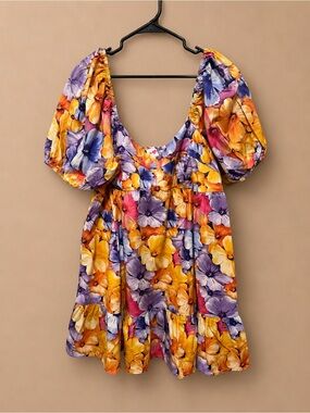 Buddy Love Floral Tiered Mini Dress in Yellow, Purple & Orange